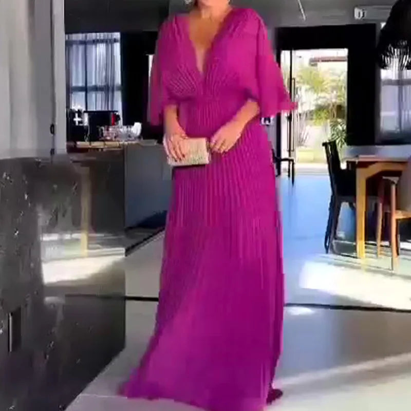 Solid Color V-Neck Bat-Sleeve High-Waisted Dress for Women