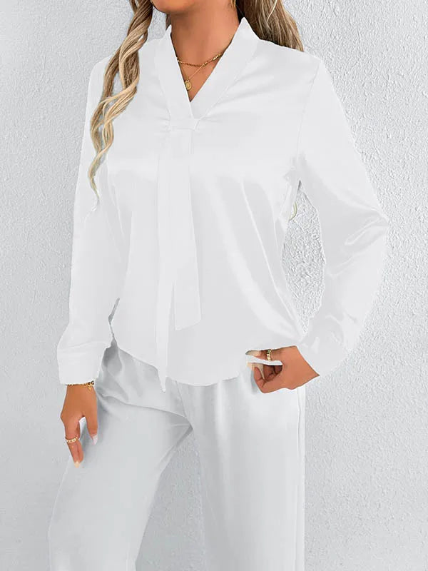 Bonboho 2026 New Women's Solid Color Silky Shirt V-neck Long Sleeves Elegant Blouse for Female Elegant Pullover Work Shirts