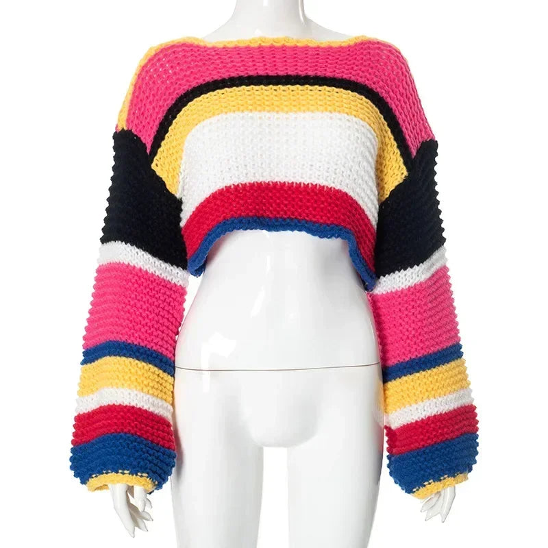 Rainbow Check Cropped Long Sleeve Knit Sweater for Women