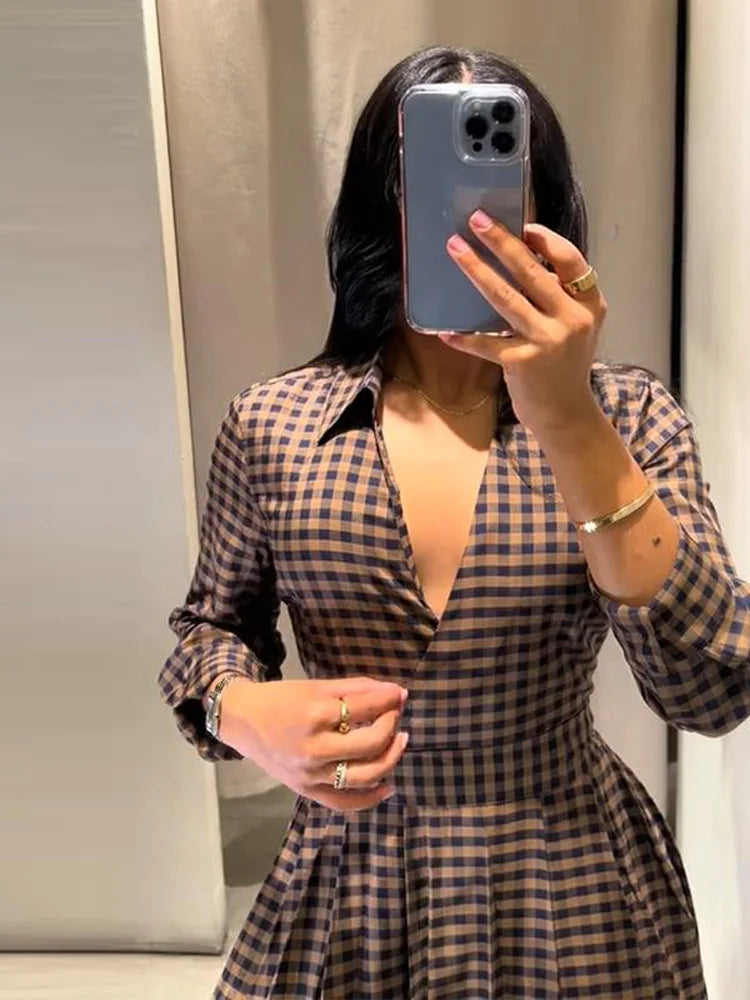 Elegant Plaid Women's Long Dresses Loose Tie Up Bow Laple Full Sleeve A-line Dress For Woman 2026 Spring New Lady Party Robes