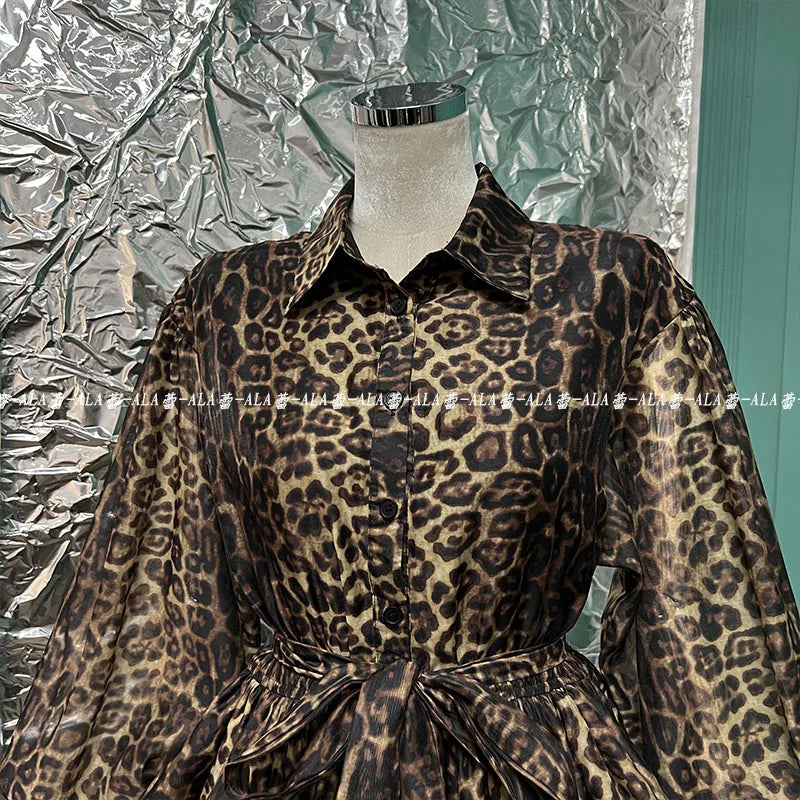 Spring Popular Retro Classic Leopard Pattern Single-Breasted Lantern Sleeve Shirt Layered Dress Puffy Cinched Short Dress Female