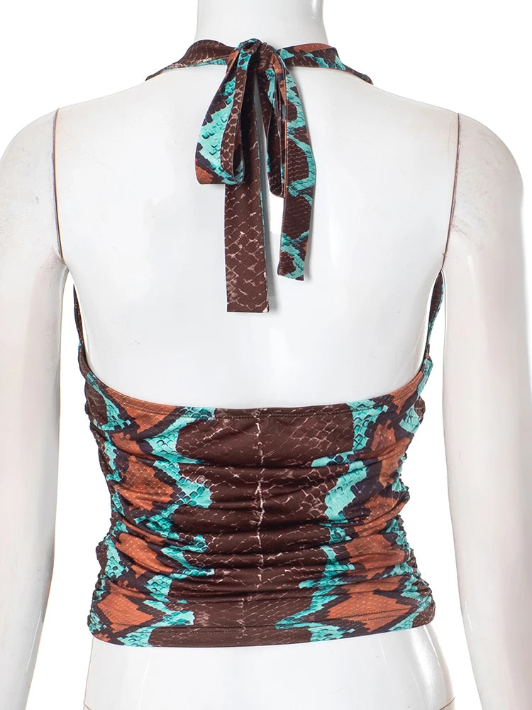 Panelled Y2K Snake Print Halter Backless Tank Top for Women