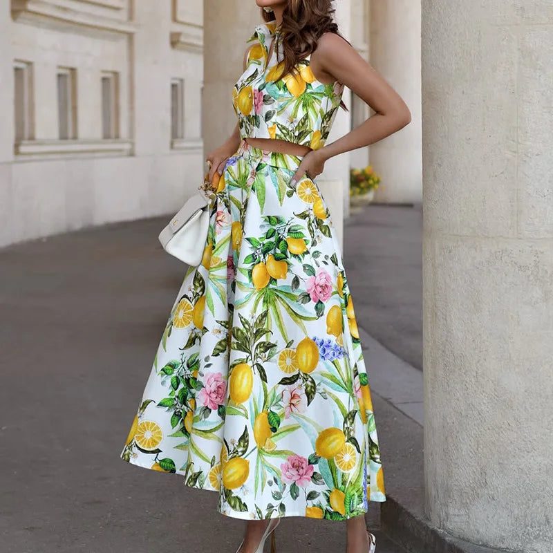 Lemon Print Sleeveless Top With Pocket Two Piece Set for Women