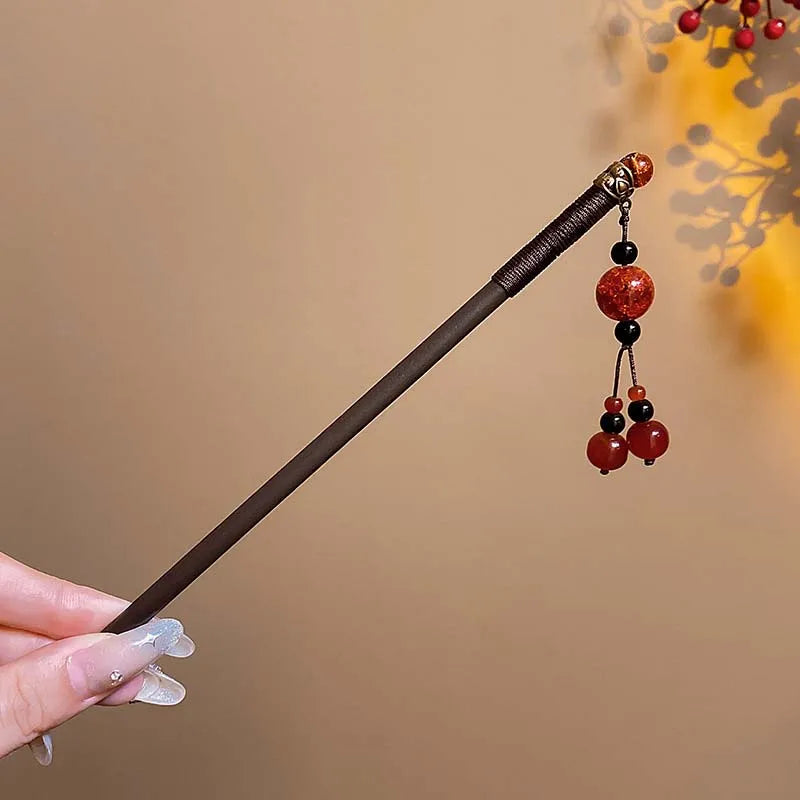 Red Floral Wooden Hanfu Hair Stick