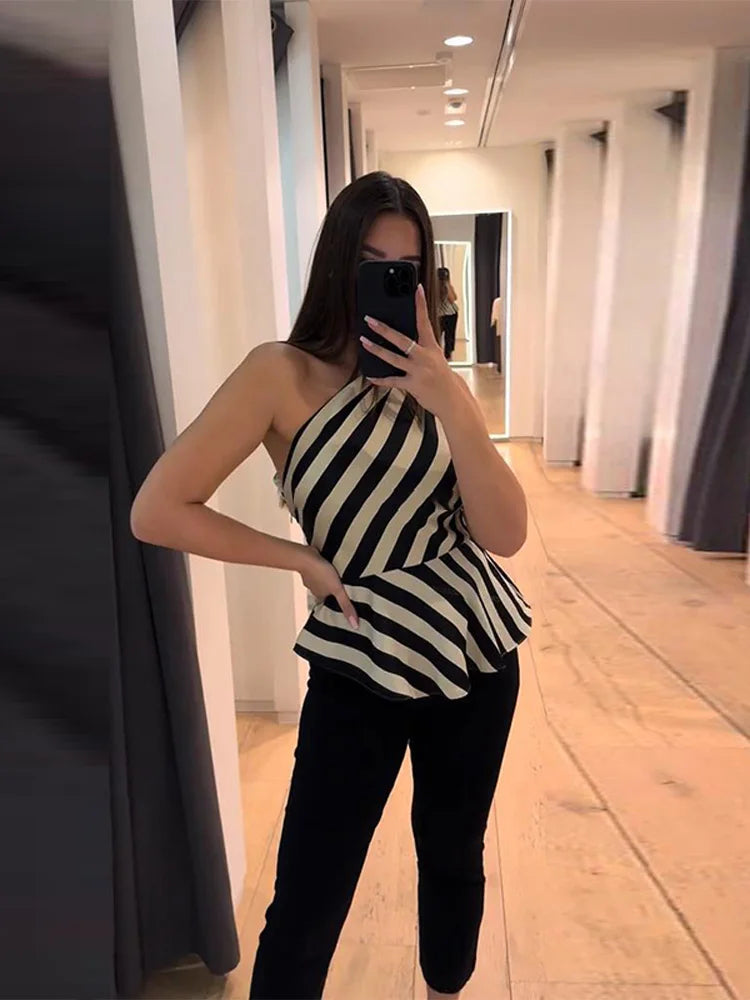 One Shoulder Striped Pleated Top With Backless Cut for Women