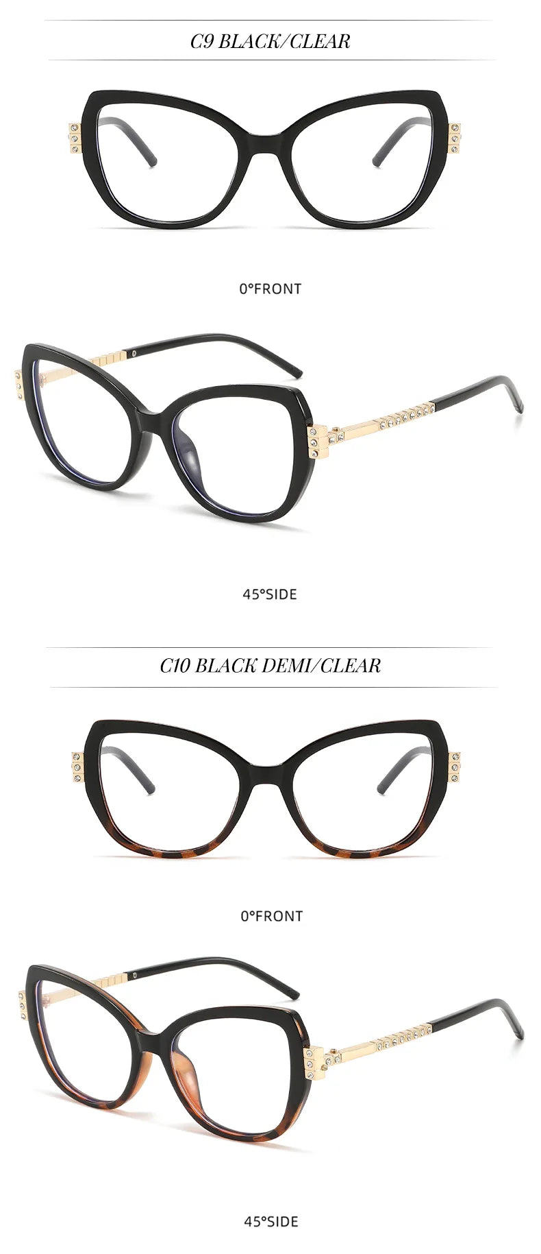 Black Cat Eye Rhinestone Anti Blue Light Reading Glasses for Women