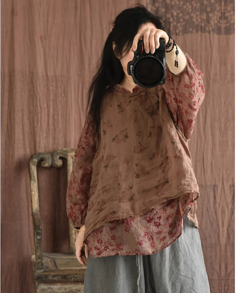 Casual Linen Tank Top With Vintage Floral Print for Women