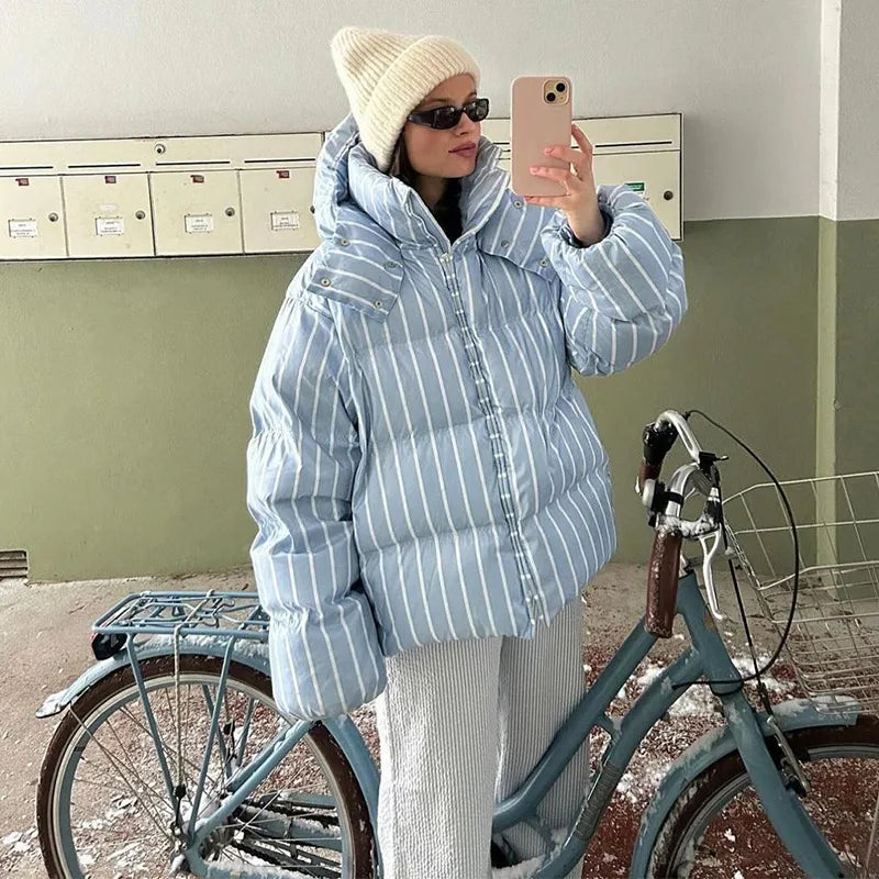Striped Cotton Quilted Coat Single Breasted for Women
