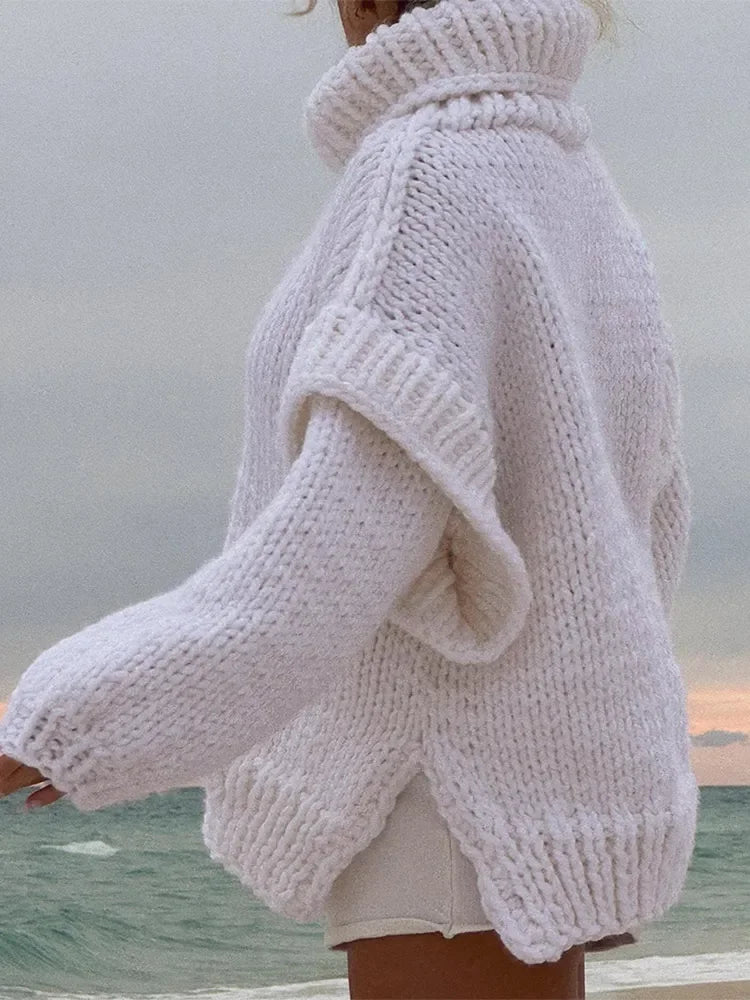 Oversized Knit Turtleneck Sweater With Lantern Sleeves For Women