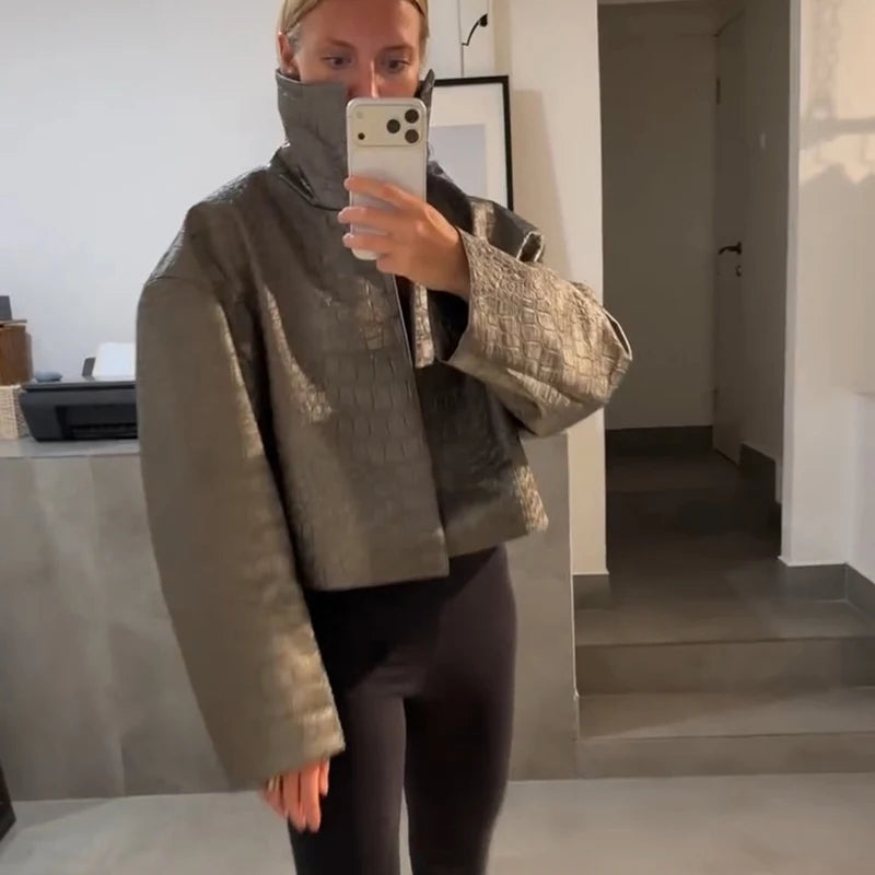 Retro Snake Print Faux Leather Cropped Jacket for Women