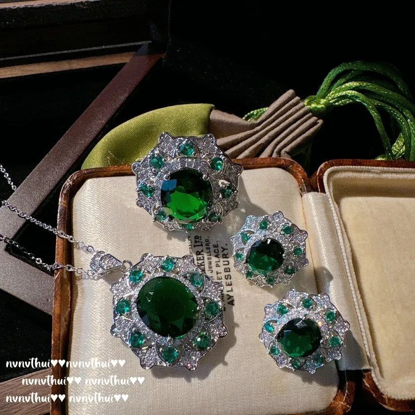 Oval Green Cubic Zirconia Sterling Silver Jewelry Set for Women