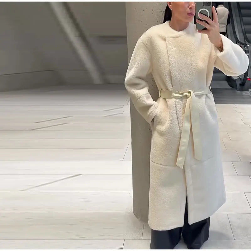 Lace Up Elegant White Faux Fur Long Coat for Women
