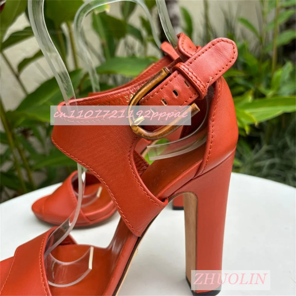 Orange Leather Block Heel Open Toe Buckle Strap Heels for Women