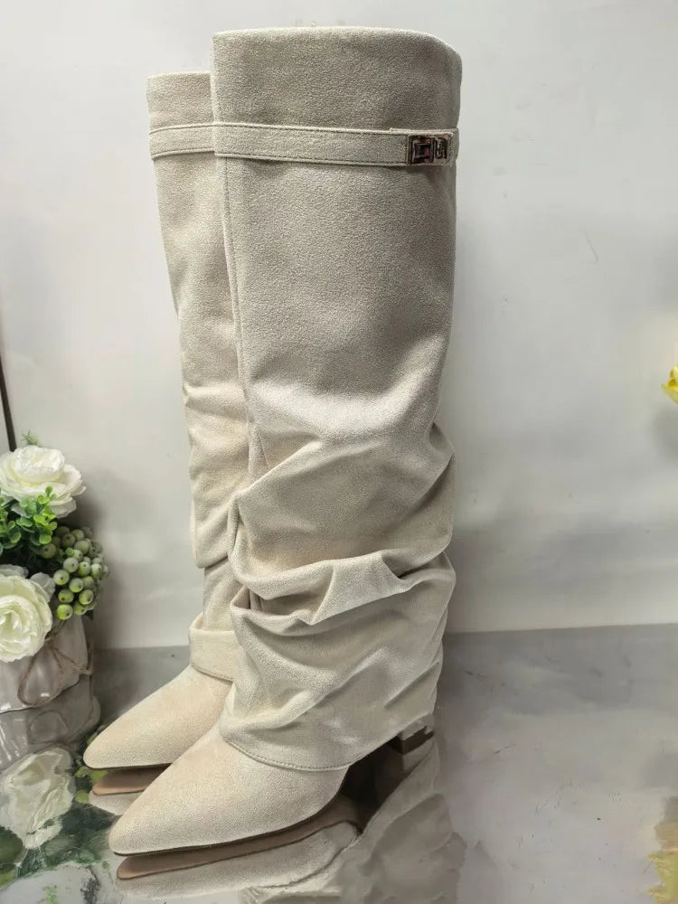 Pointed Toe Thick High Heel Mid Calf Boots for Women