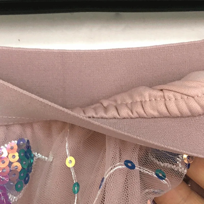 Pink Tulle High Waist Iridescent Sequin Butterfly Embroidery Skirt for Women