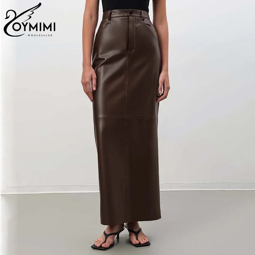 Oymimi Vintage Brown Pu Leather Skirts For Woman Elegant High Waisted Straight Skirts Casual Simple Ankle-Length Skirt Female