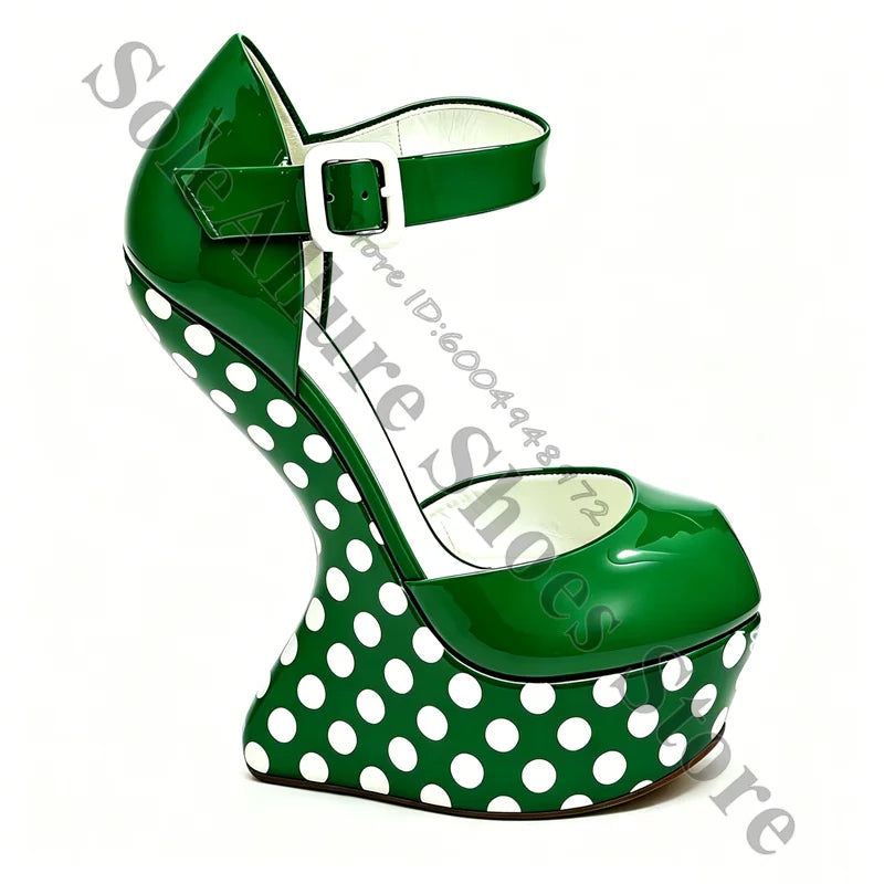 Glossy Polka Dot Buckle Strap Wedge Platform Sandals For Women