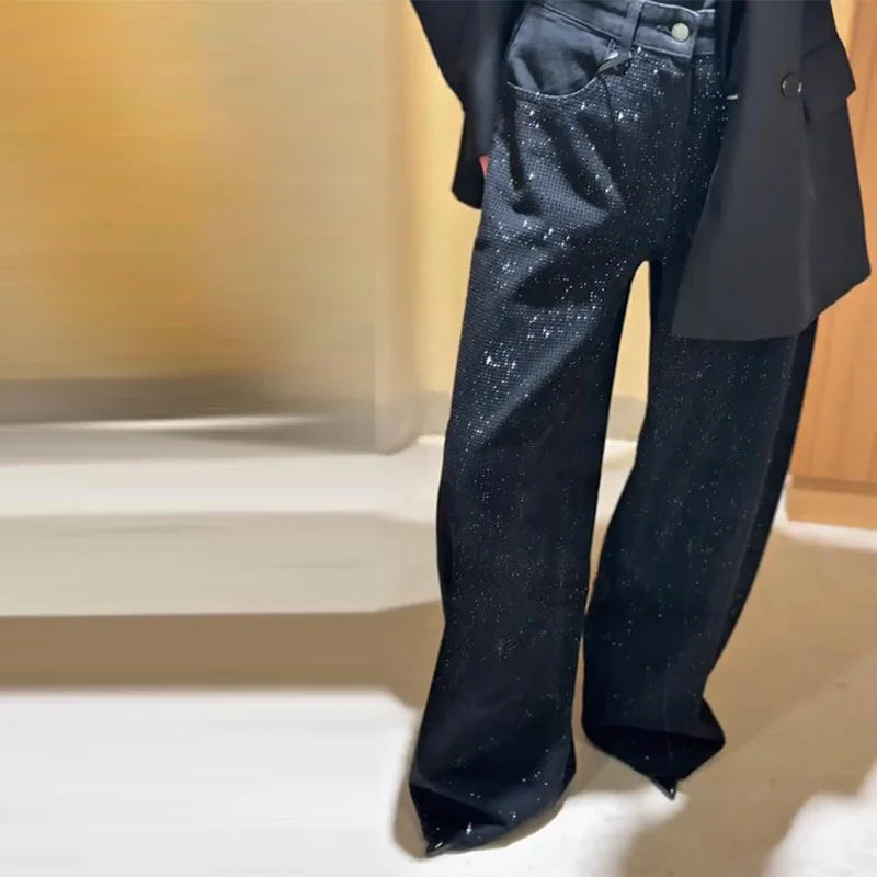 Sequined High Waist Wide Leg Pants with Pockets for Women