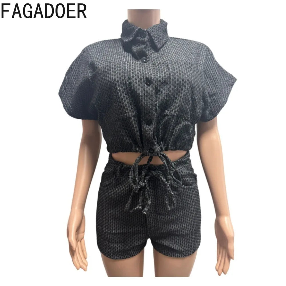 Embroidered Polo Neck Two Piece Denim Shorts Set for Women