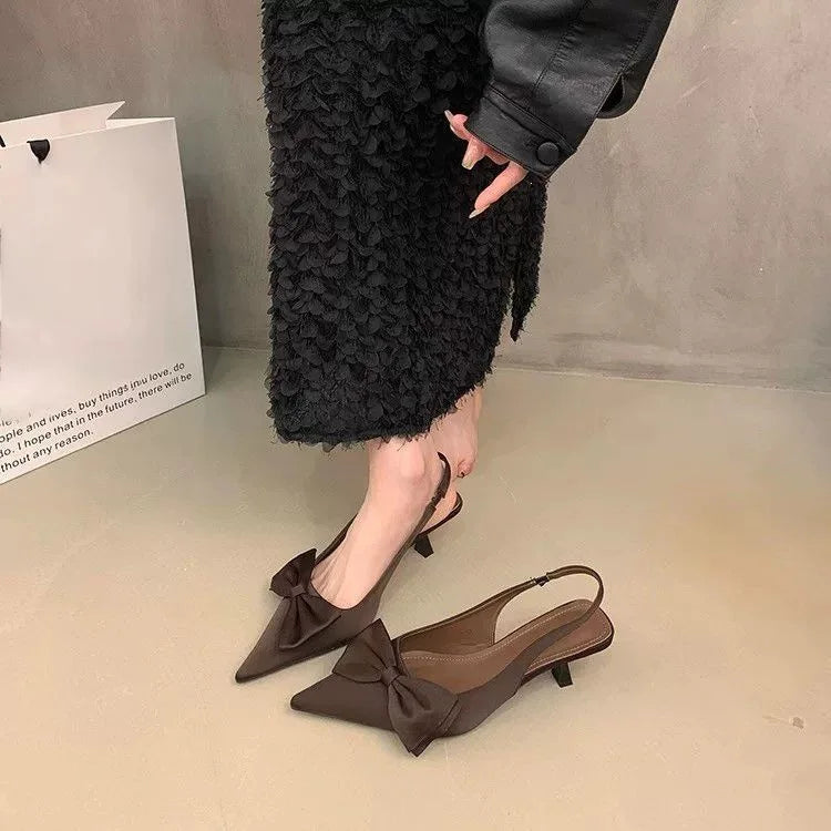 Black Pointed Toe Bow Slingback Heels