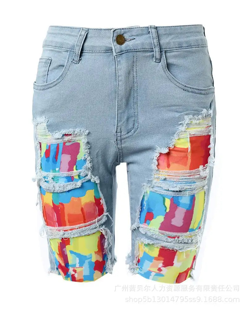 Casual Slim Knee Length Patchwork Denim Shorts for Women