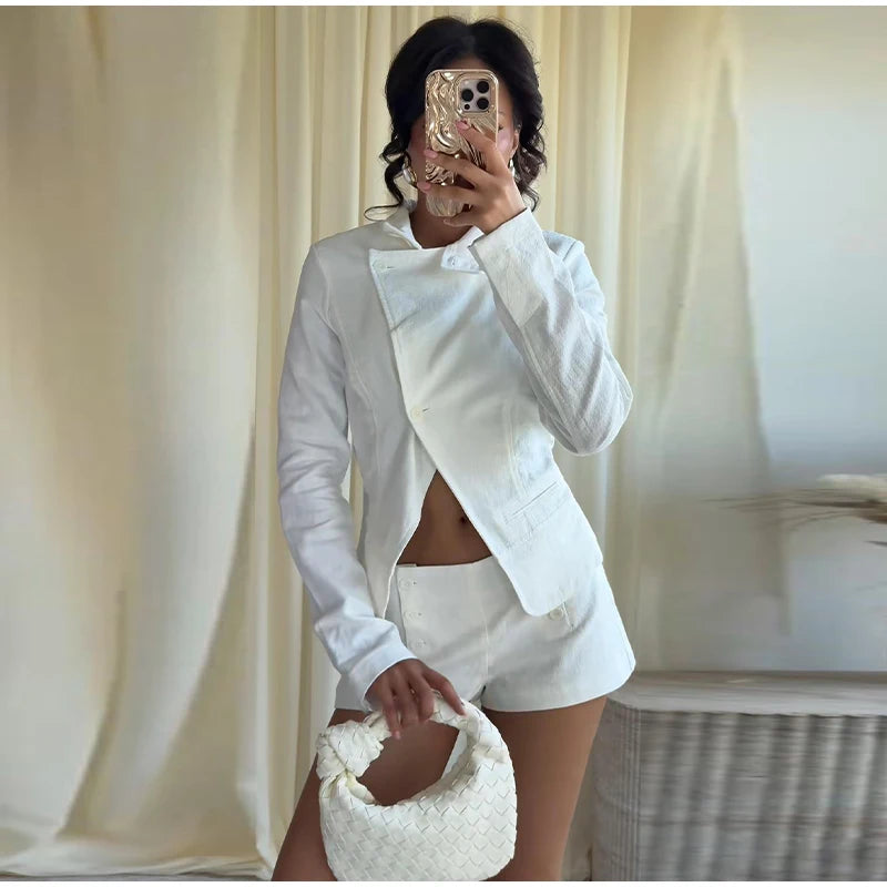 Casual Stand Collar Jacket and Shorts Set for Women