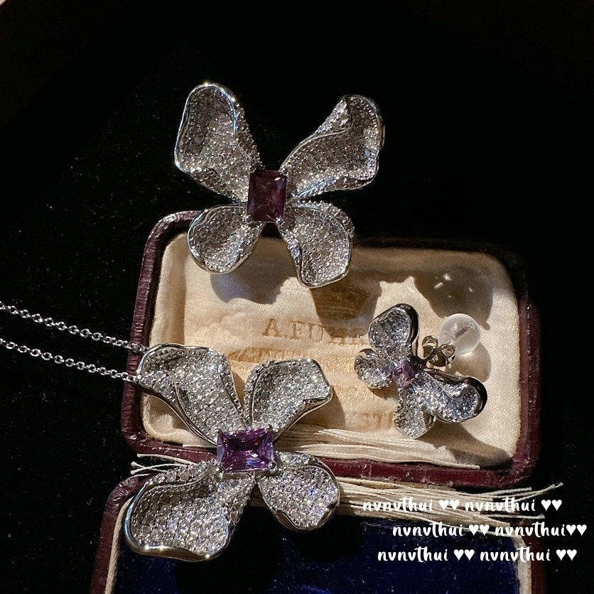 Sparkling Butterfly Zircon Necklace Ring and Earring Set for Women