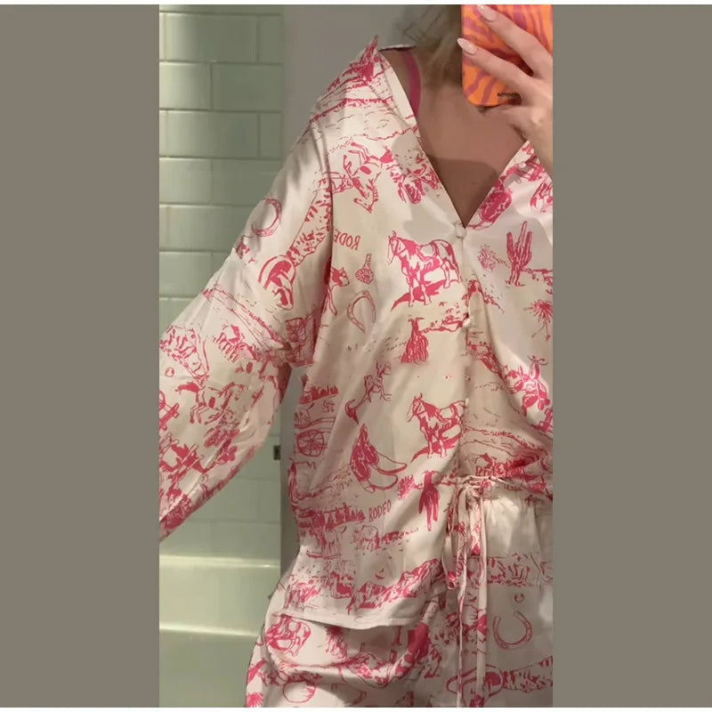 Casual Print Blouse and Wide Leg Pants Set for Women