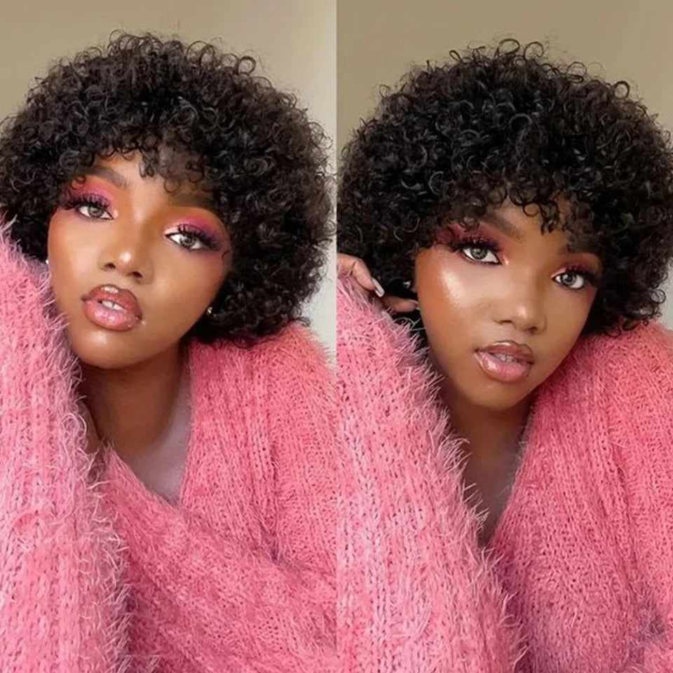 Short Kinky Curly Pixie Bob Human Hair Wig for Women