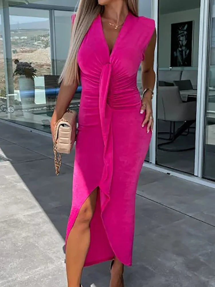 Office Lady Loungewear Deep V-Neck Maxi Dress Women Summer Sleeveless Solid Slim Fit Folds Party Dress Streetwear Dropshipping