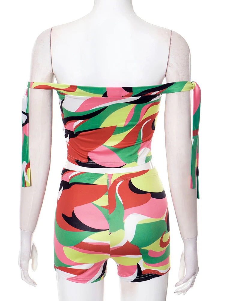 Printed Summer Off Shoulder Crop Top and Matching Shorts Two Piece Set for Women