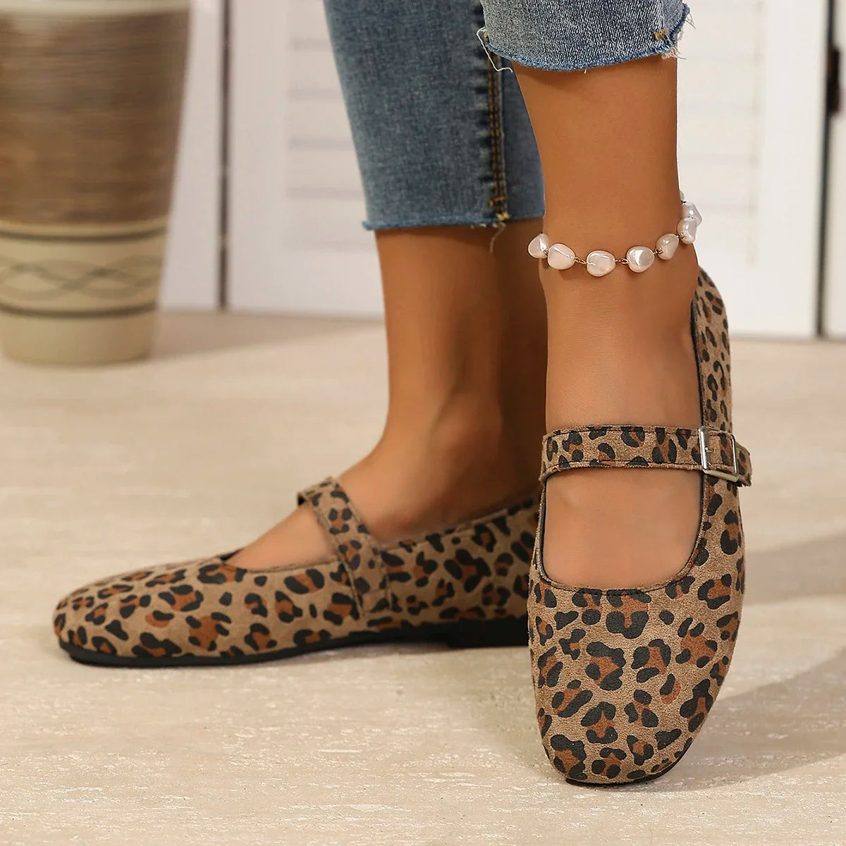 Leopard Print Suede Square Toe Low Heel Shoes for Women