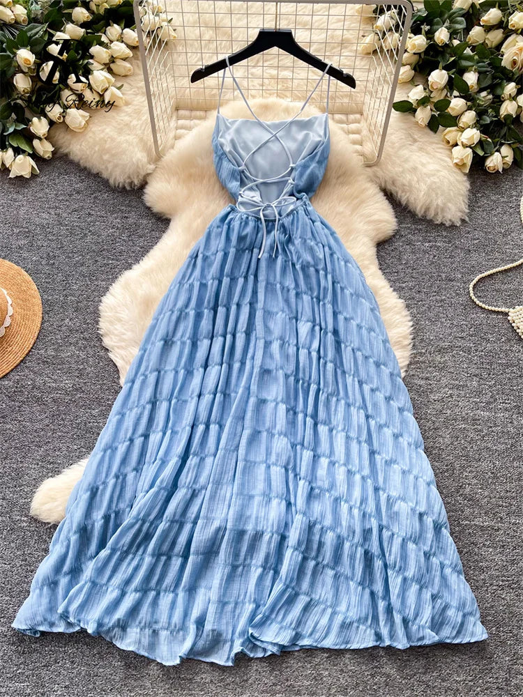 Backless Lace Up Summer A-Line Maxi Sundress for Women