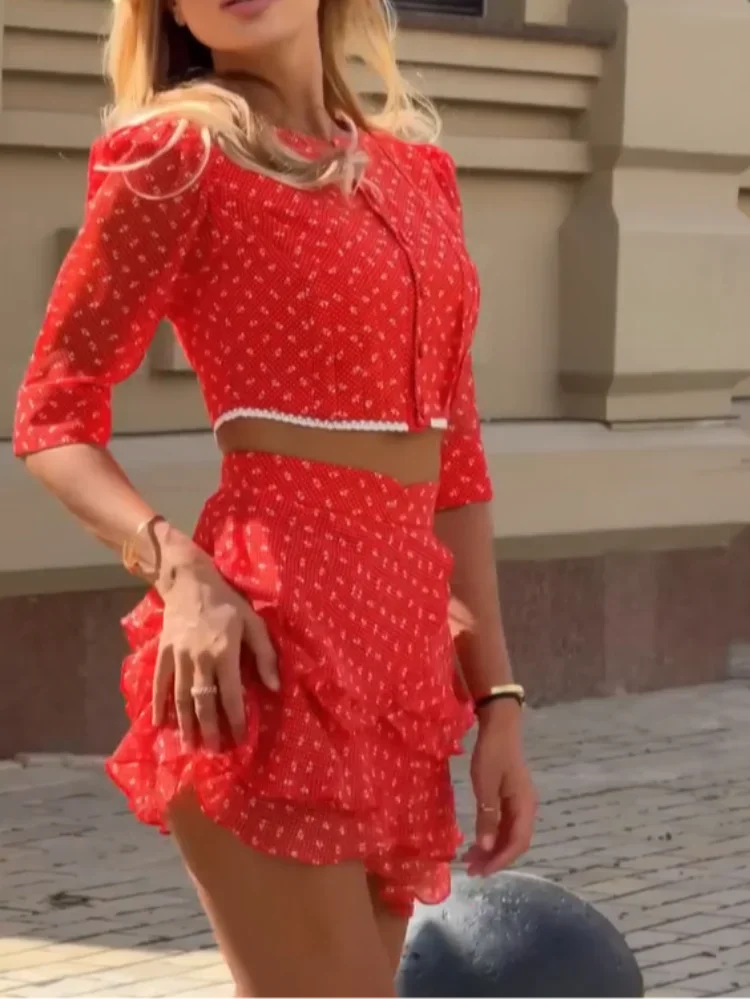 Floral Puff Sleeve Top and Mini Skirt Set for Women