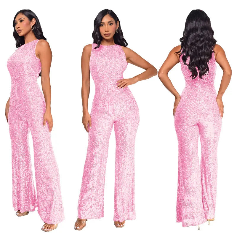 Elegant Silver Sequined Straight Cut Jumpsuit for Women
