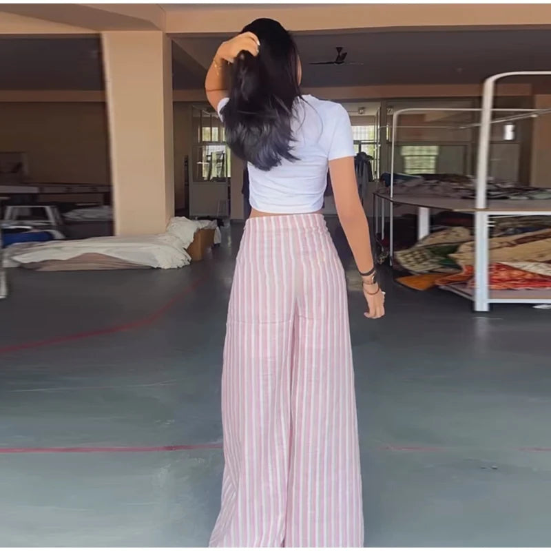 Pink And White Striped Wide Leg Pants With Sash Belt for Women