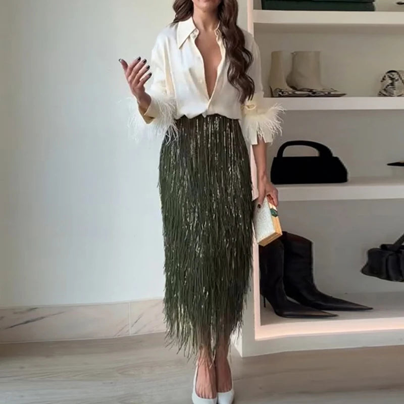 Fashion Lapel Button Shirt & Fringed Skirt Set Women Casual Long Sleeve Party Skirt Outfits Elegant Sequined Long Skirt 2Pc Suit