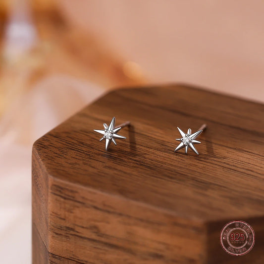 925 Sterling Silver Geometric Eight Star Stud Earrings for Women Funny Korean Zircon Small Earring Wedding Bride Luxury Jewelry