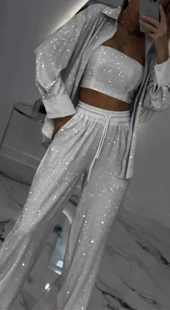 Casual Sequined Blazer With Wide Leg Pants Set For Women