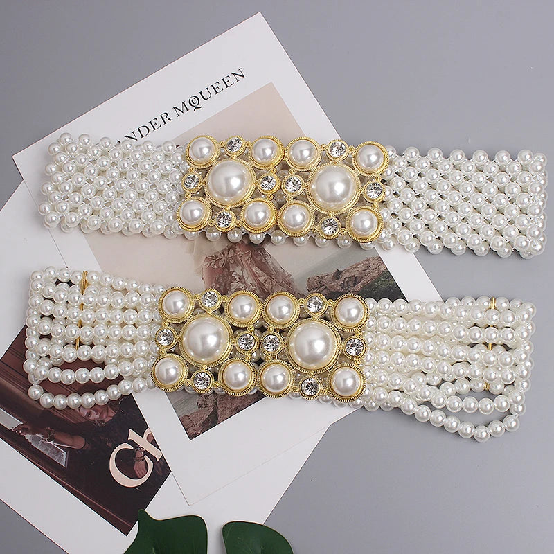 Pearl Embellished Elastic Waist Chain Belt for Women