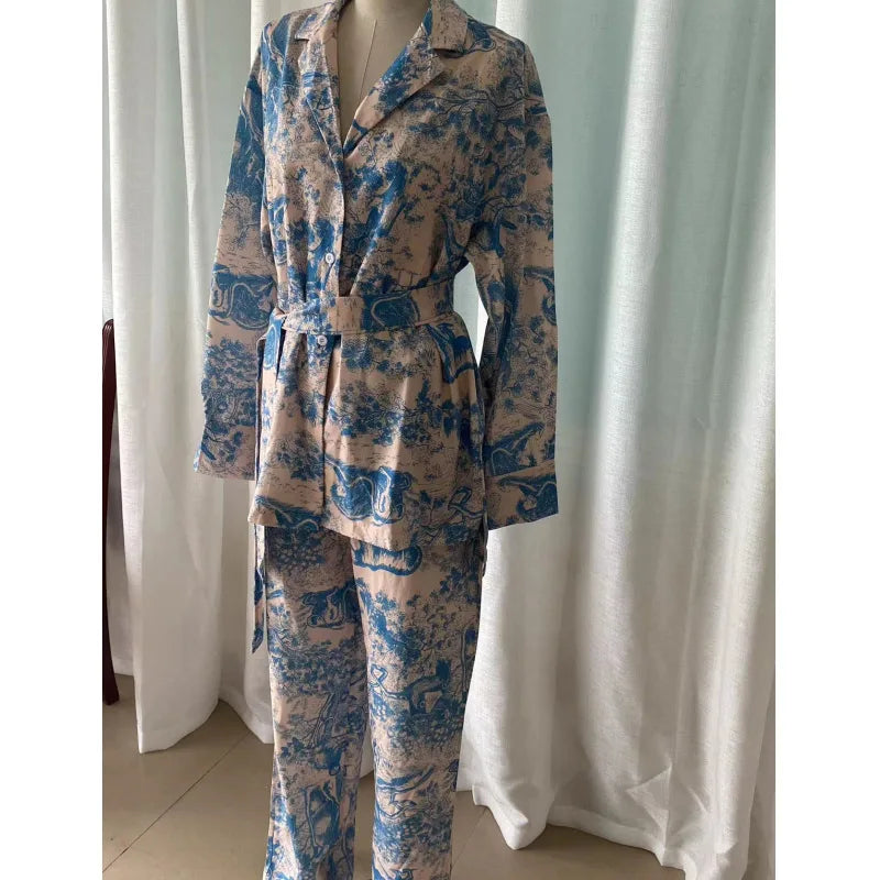 Elegant Print Two Piece Set With Long Sleeve Shirt And Wide Leg Pants for Women