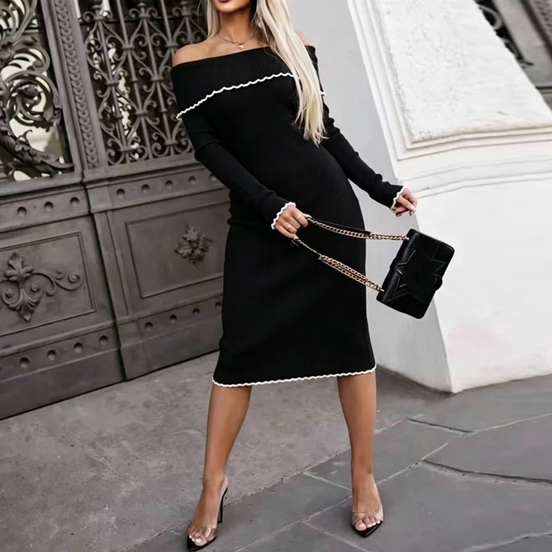 Off Shoulder Knit Midi Office Dress With Hollow Out Detail for Women