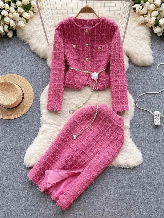 Autumn Winter Fashion Rose Red Woolen Two Piece Set Women Golden Button Chain Belt Tweed Short Jacket Coat+Split Midi Skirt Suit