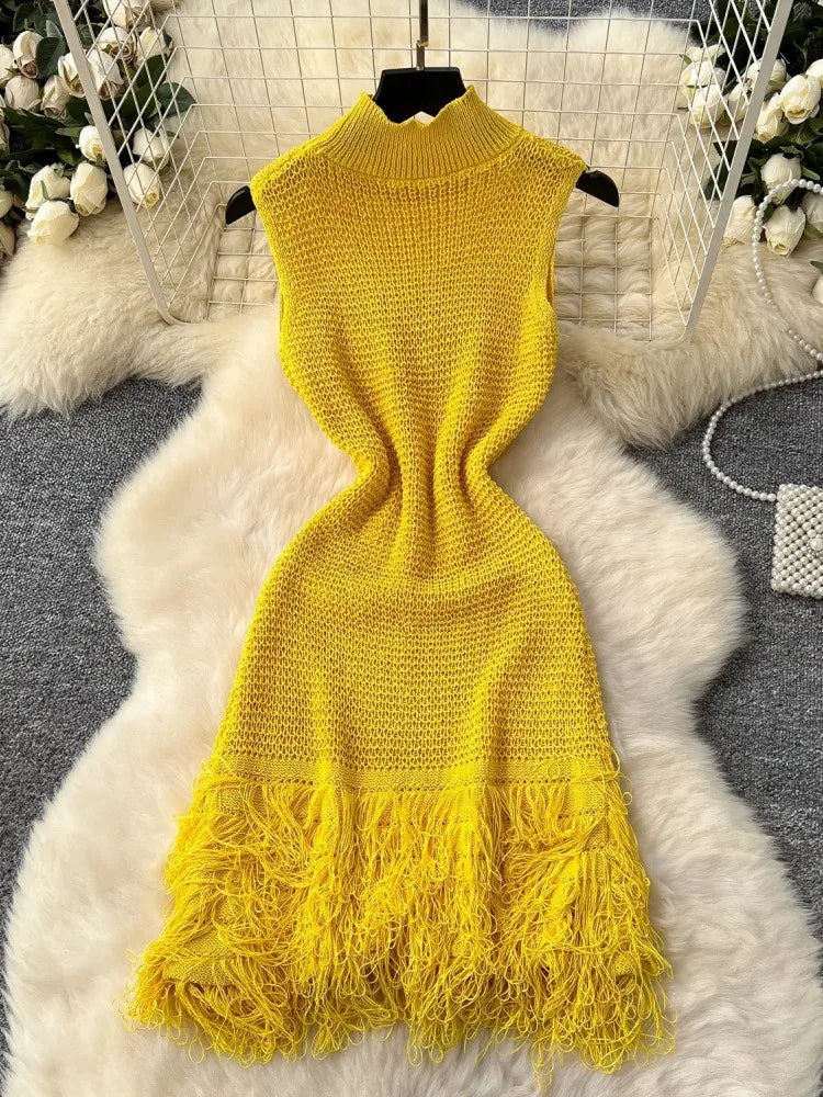 Elegant Round Neck Sleeveless Tassel Hem Bodycon Mini Knitted Dress for Women