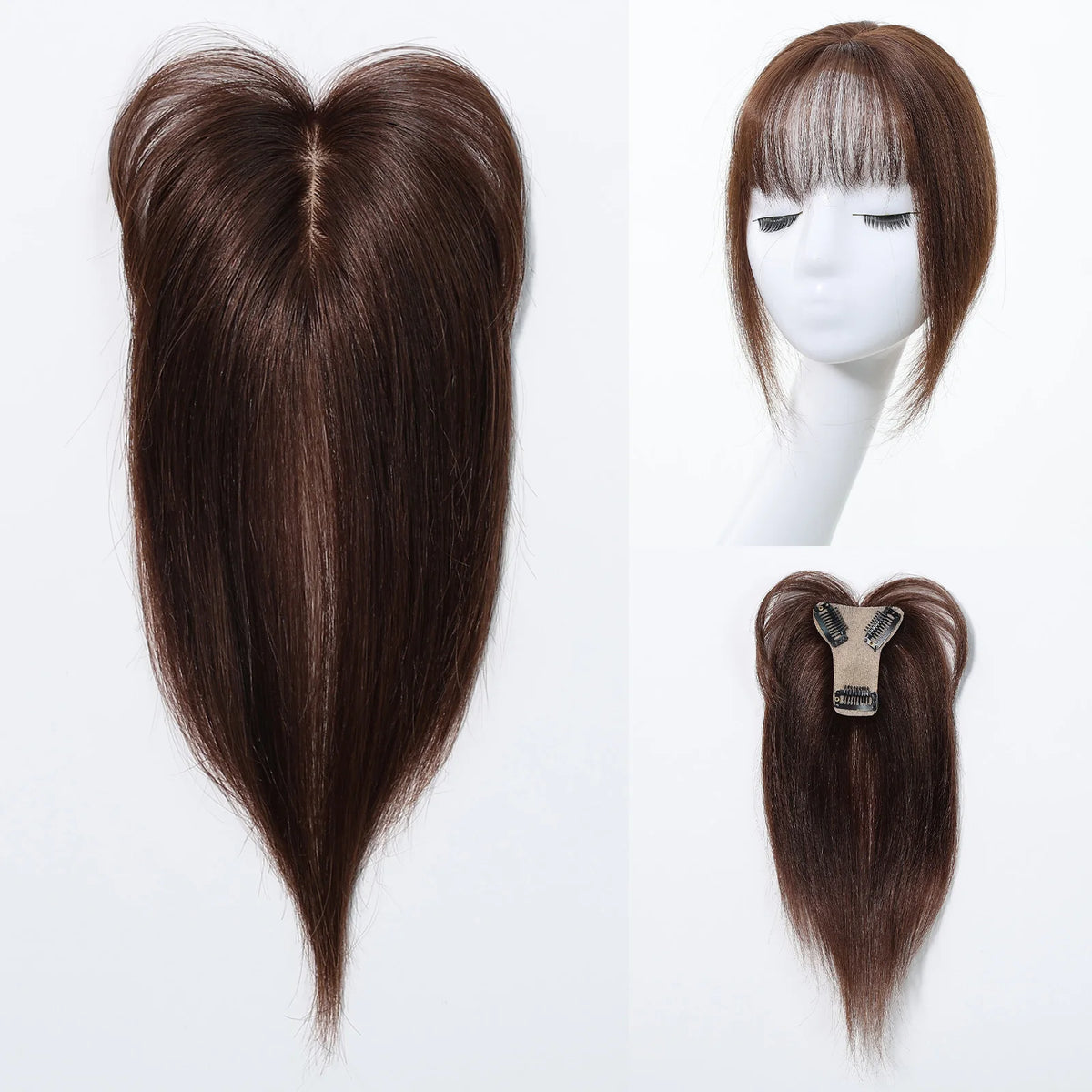 Brown Silk Base Clip In Remy Human Hair Toppers With Bangs For Women