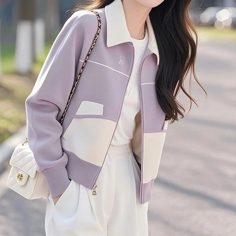 Purple Slim Fit Zip Up Knit Cardigan With Pockets For Women