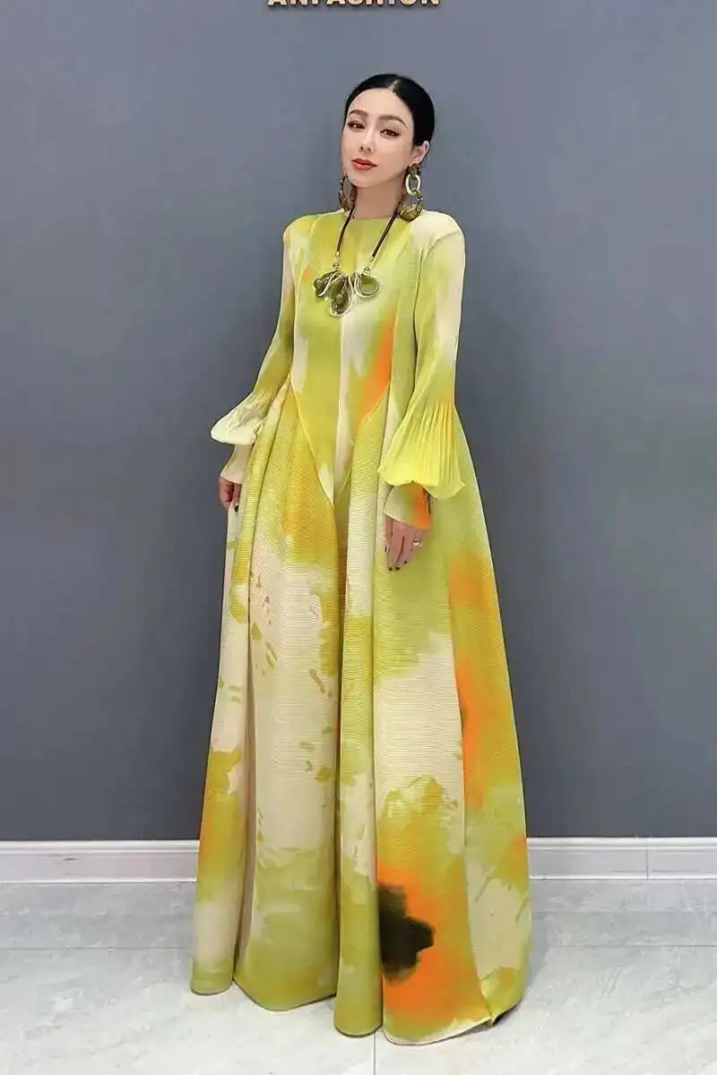 Printed Chiffon Ankle Length Dress With Bubble Sleeves for Women