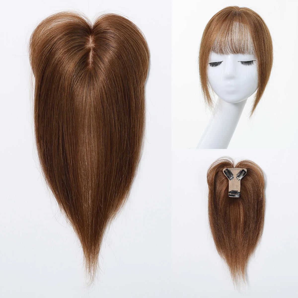 Brown Silk Base Clip In Remy Human Hair Toppers With Bangs For Women
