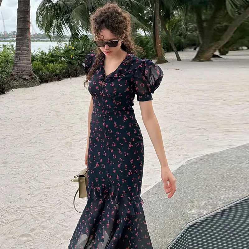Printed Lace Trim V Neck Puff Sleeve Maxi Dress for Women