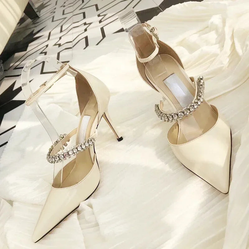 Crystal Embellished Pointed Toe Patent Leather Buckle Heels for Women